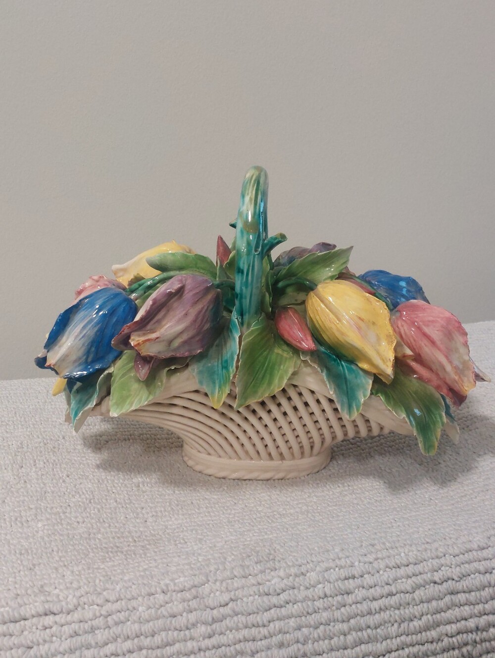 vintage italian majolica centerpiece Tulip Roses Flower Basket Italy 1960s RARE
